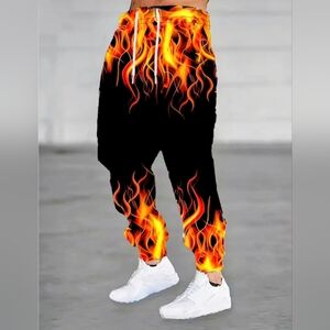 Casual Sports Pants with Flame Print Sweatpants with Drawstring & Pockets XXL